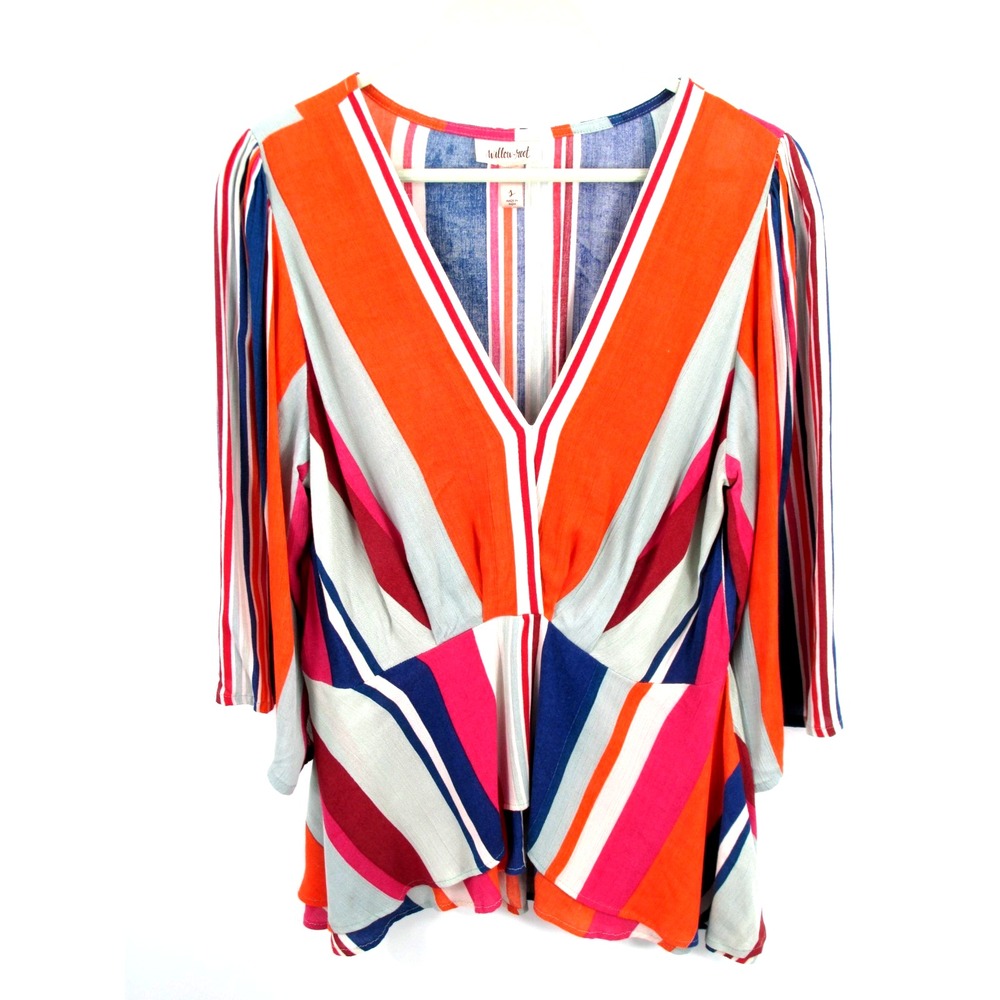 Willow Root Pullover Tunic Blouse Womens Small Multicolor Tropical Stripe V-Neck